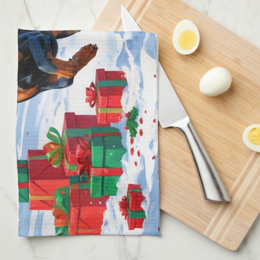 クリスマス走ハットで雪の中のドーバーマンの帽子 キッチンタオル (四つ折り)