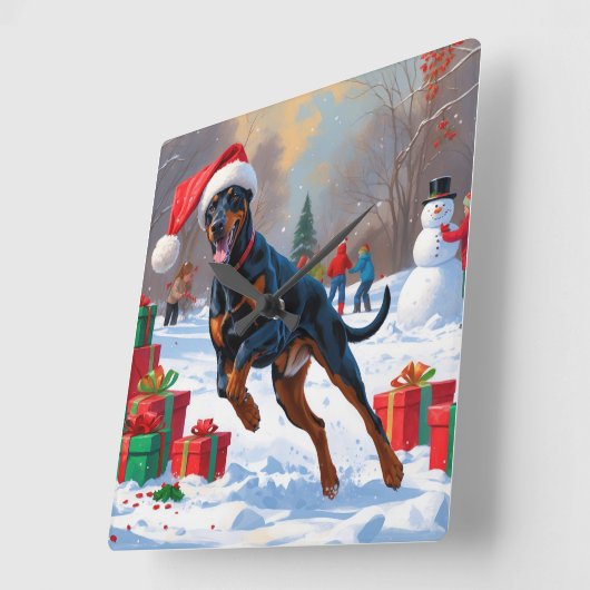 クリスマス走ハットで雪の中のドーバーマンの帽子 スクエア壁時計 (傾斜)