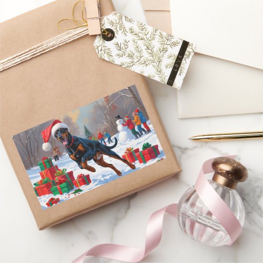 クリスマス走ハットで雪の中のドーバーマンの帽子 長方形シール (ギフト)