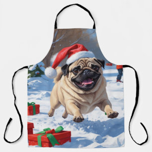 クリスマス走ハットで雪の中のパグの帽子 エプロン