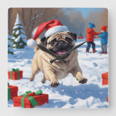 クリスマス走ハットで雪の中のパグの帽子 スクエア壁時計 (正面)
