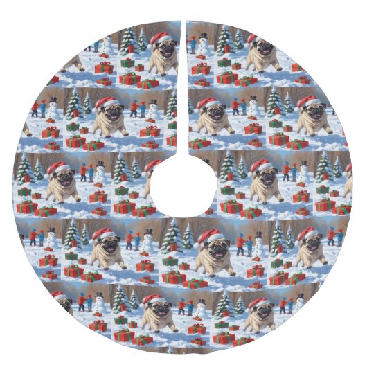 クリスマス走ハットで雪の中のパグの帽子 ブラッシュドポリエステルツリースカート (正面)