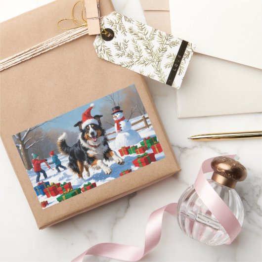 クリスマス走ハットで雪の中のラフ・コリー・ハット 長方形シール (ギフト)