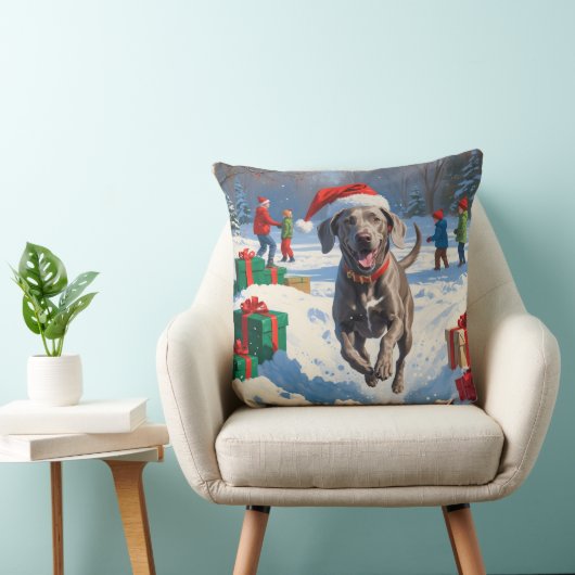 クリスマス走ハットで雪の中のワイマラナーの帽子 クッション (椅子)