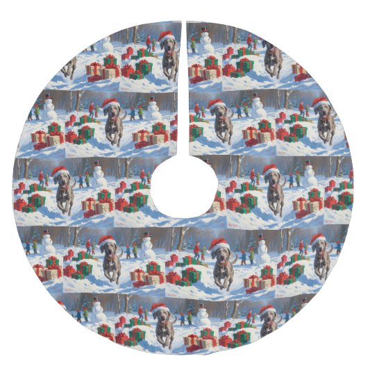 クリスマス走ハットで雪の中のワイマラナーの帽子 ブラッシュドポリエステルツリースカート (正面)