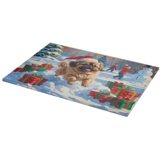 クリスマス走ハットで雪の中の北京犬の犬 カッティングボード (角)
