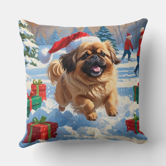 クリスマス走ハットで雪の中の北京犬の犬 クッション (裏面)