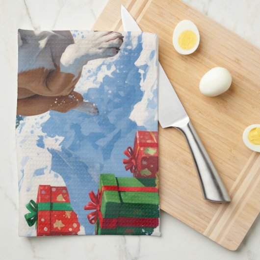 クリスマス走ハットで雪の中の杖のコルソの帽子 キッチンタオル (四つ折り)