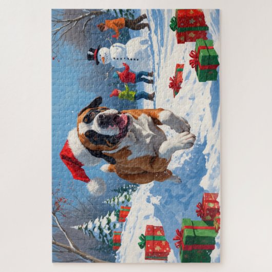 クリスマス走ハットで雪の中の杖のコルソの帽子 ジグソーパズル (縦)