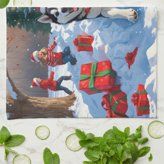 クリスマス走ハットと雪のシベリアのハスキー帽 キッチンタオル (折り畳み)