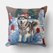 クリスマス走ハットと雪のシベリアのハスキー帽 クッション (正面)