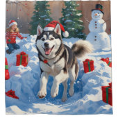 クリスマス走ハットと雪のシベリアのハスキー帽 シャワーカーテン (正面)