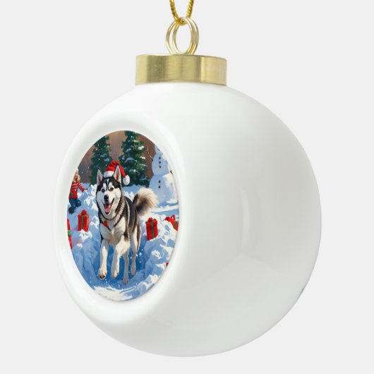クリスマス走ハットと雪のシベリアのハスキー帽 セラミックボールオーナメント (右)