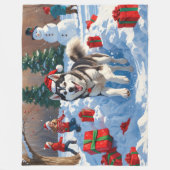 クリスマス走ハットと雪のシベリアのハスキー帽 フリースブランケット (正面)