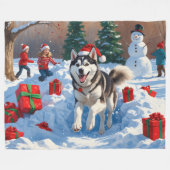 クリスマス走ハットと雪のシベリアのハスキー帽 フリースブランケット (正面(横))