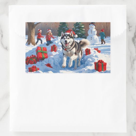 クリスマス走ハットと雪のシベリアのハスキー帽 長方形シール (バッグ)