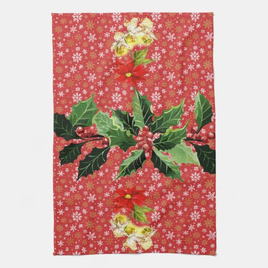 クリスマス踊りベビーエンジェルズオンスノーフレーク キッチンタオル (縦)