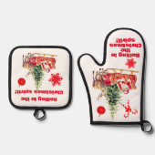 クリスマス転がスピリットのヴィンテージホワイトに 鍋つかみ&鍋敷きセット (正面)