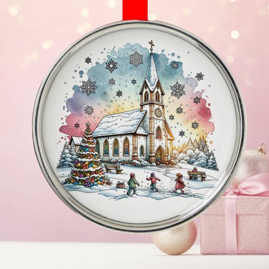 クリスマス遊に教会に子供たち メタルオーナメント