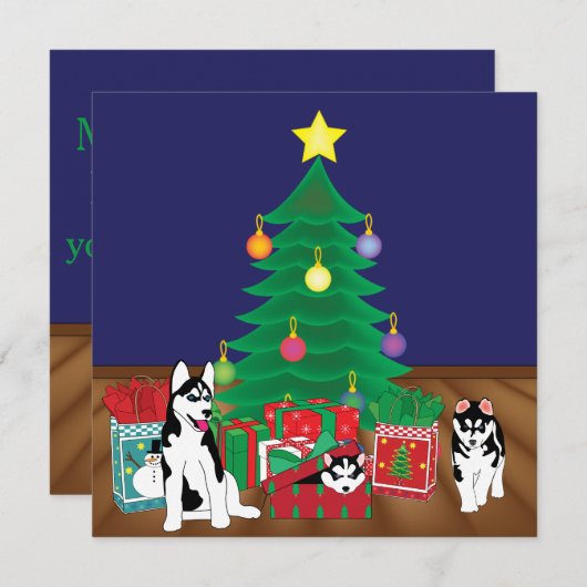 クリスマス遊の木のカードの下のハスキー シーズンカード (正面/裏面)
