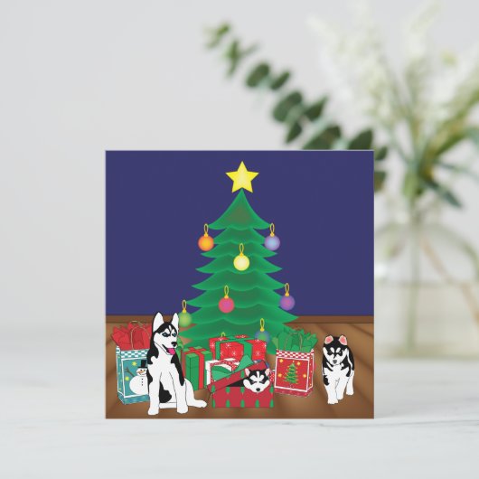 クリスマス遊の木のカードの下のハスキー シーズンカード (スタンド正面)