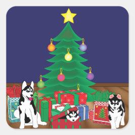 クリスマス遊の木のカードの下のハスキー スクエアシール