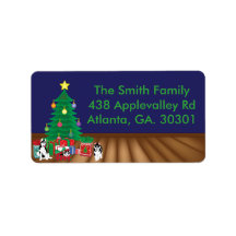 クリスマス遊の木のカードの下のハスキー