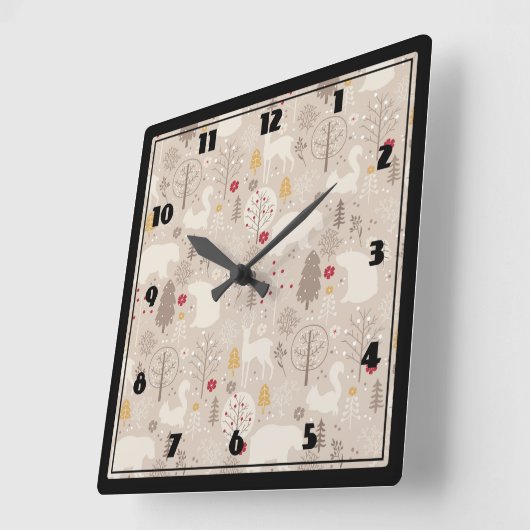 クリスマス運トラックの木と動物広場 スクエア壁時計 (傾斜)