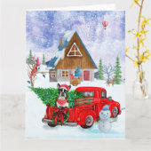 クリスマス配送トラックに座るボストンテリア犬 カード (黄色い花)