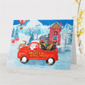 クリスマス配達トラックに座るダックスフンド犬の雪 カード (黄色い花)