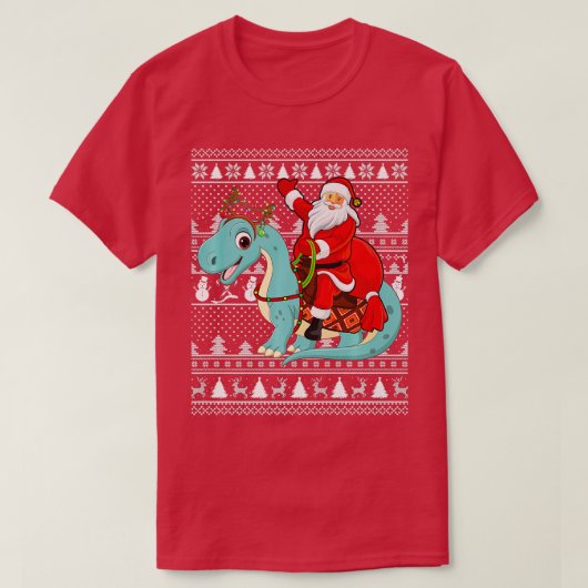 クリスマス醜いサンタ乗馬ブロントサウルス恐竜クリス Tシャツ (デザイン正面)
