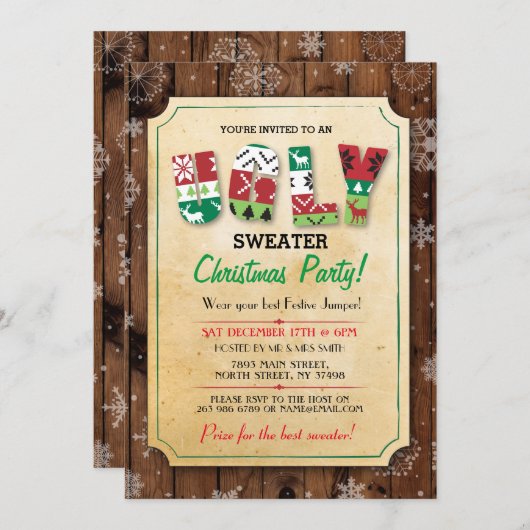 クリスマス醜いセーターのジャンパーパーティーディナー招待状 招待状 (正面/裏面)