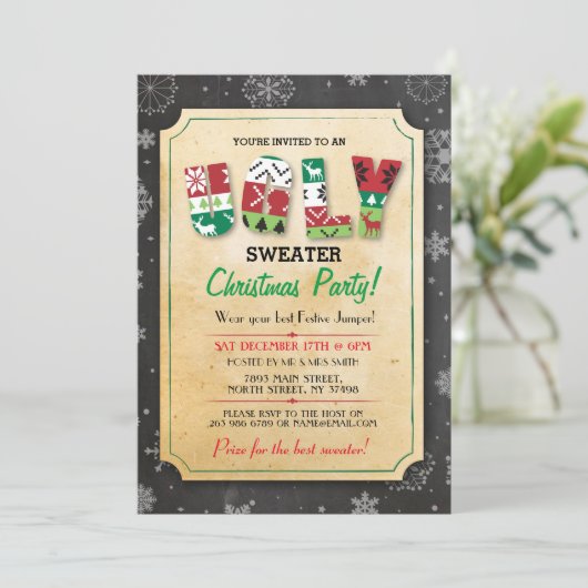 クリスマス醜いセーターのジャンパーパーティーディナー招待状 招待状 (スタンド正面)