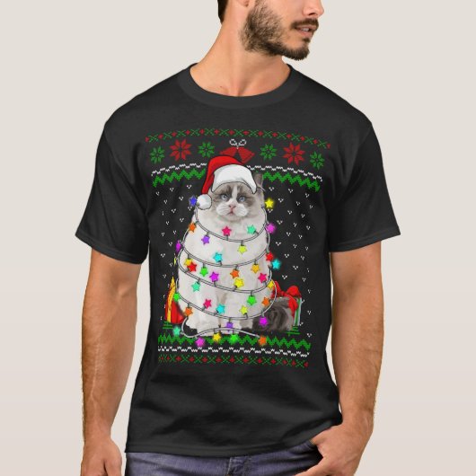 クリスマス醜いセータークリスマスライトキャットキットンラブ Tシャツ (正面)