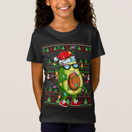 クリスマス醜いセータースタイル照明アボカドクリスマス Tシャツ (正面)