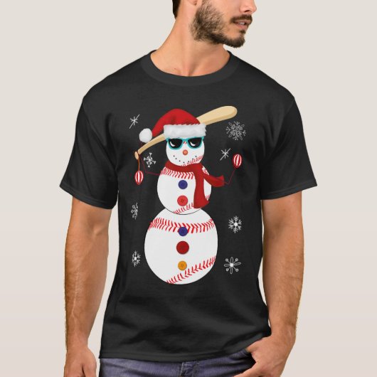クリスマス野球雪だるまサンタハットギフトチームバス Tシャツ (正面)