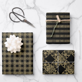クリスマス金ゴールドとブラックアンティークレースパターン ラッピングペーパーシート