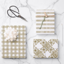 クリスマス金ゴールドとホワイトレースかわいいパターン ラッピングペーパーシート