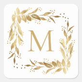 クリスマス金ゴールドの葉リースモノグラムオンホワイト スクエアシール (正面)