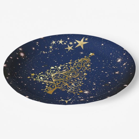 クリスマス金ゴールドオンブルー紙プレート ペーパープレート (アングル)