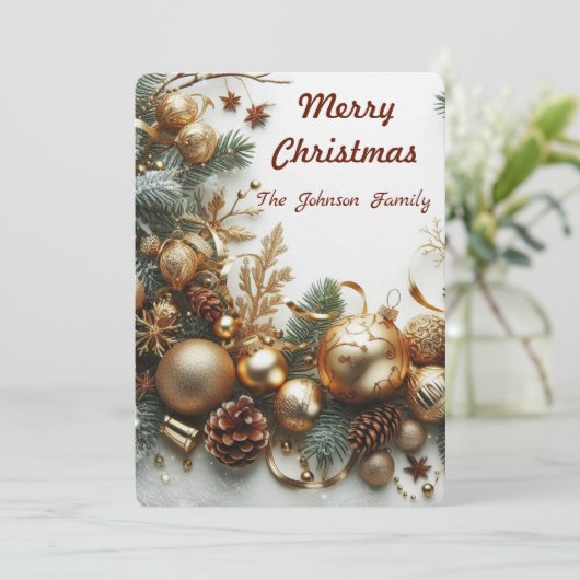 クリスマス金ゴールドオーナメントと枝 シーズンカード (スタンド正面)