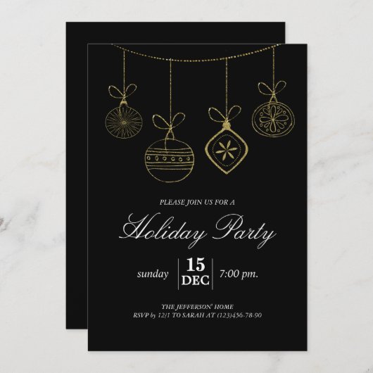 クリスマス金ゴールドグリッターオーナメントホリデーパーティー 招待状 (正面/裏面)