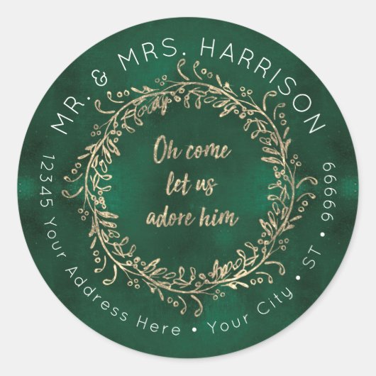 クリスマス金ゴールドグリッター緑のスクリプトの葉リース ラウンドシール (正面)