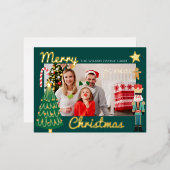 クリスマス金ゴールドサンタナツクラッカーかわいい家族の写真 箔招待状ポストカード (正面/裏面)