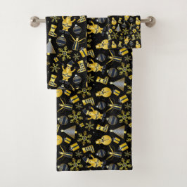 クリスマス金ゴールドサンタ雪だるまストッキングギフトパターン バスタオルセット