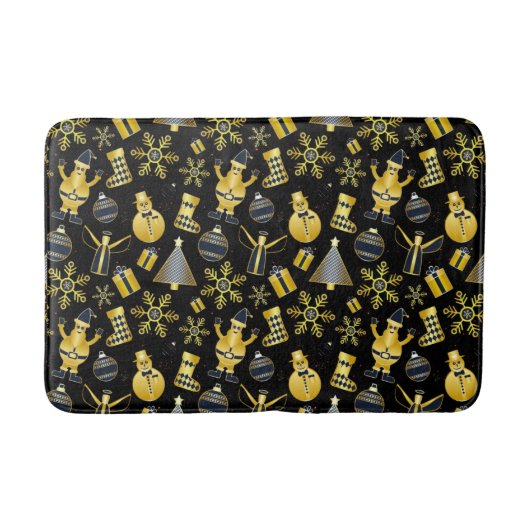クリスマス金ゴールドサンタ雪だるまストッキングギフトパターン バスマット (正面)