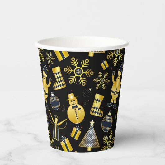 クリスマス金ゴールドサンタ雪だるまストッキングギフトパターン 紙コップ (正面)