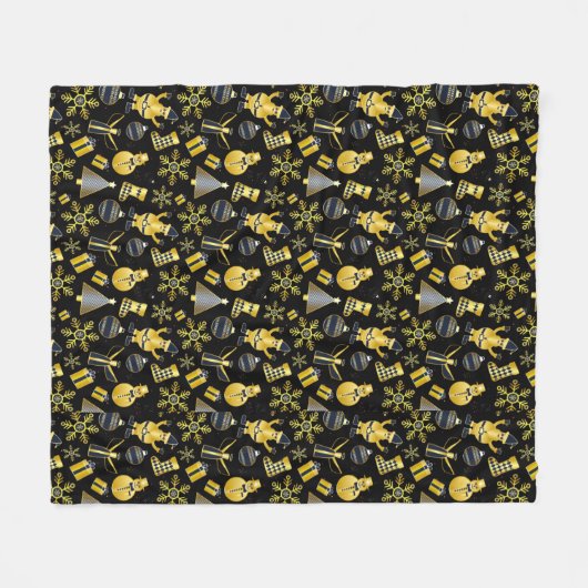 クリスマス金ゴールドサンタ雪だるまストッキングパターン フリースブランケット (正面(横))