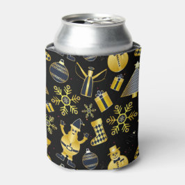 クリスマス金ゴールドサンタ雪だるまストッキングパターン 缶クーラー