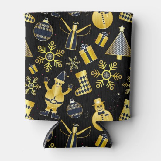 クリスマス金ゴールドサンタ雪だるまストッキングパターン 缶クーラー (正面)